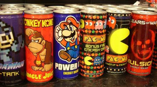 Video Game themed beverage cans
