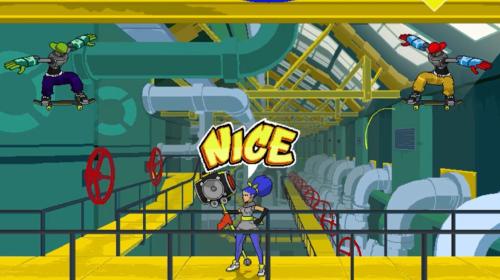 A screenshot of the game Lethal League with a character saying "Nice".