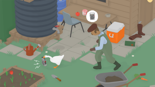Screen shot of House House's Untitled Goose Game- the goose is stealing a radio from the gardener