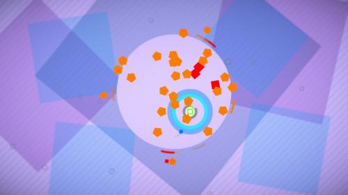 HyperDot screenshot showing enemy shapes coliding with the hero circle