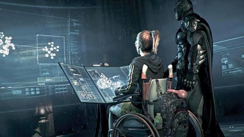 A screenshot from "Batman: Arkham Knight," showing Batman and Oracle next to a large computer terminal.