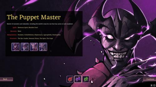 A screenshot from the game Ruinarch, to be released this year (2020). It shows a demon-looking character with an evil smile, and a dialog box with a heading that reads "The Puppet Master."