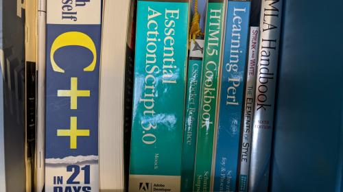 A photo of a set of programming instruction books on a shelf.