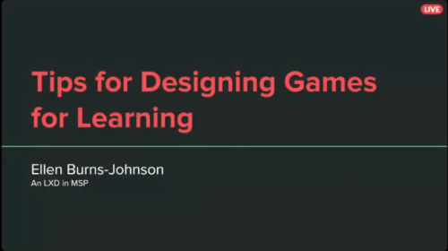 The title slide of Ellen's igdatc presentation: "Tips for Designing Games for Learning"