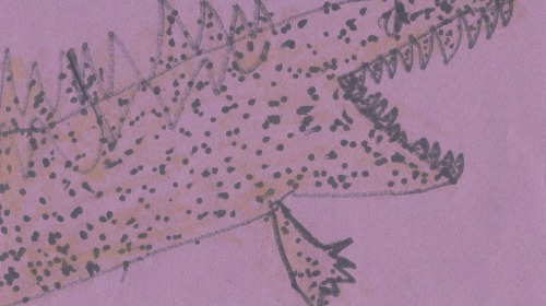 A child's drawing of a toothy crocodile, but the crocodile is made of pizza cheese. Done with marker and crayon on purple construction paper.