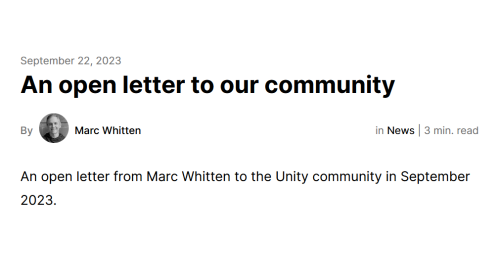 A screenshot of the headline to Unity's "An open letter to our community" news post.