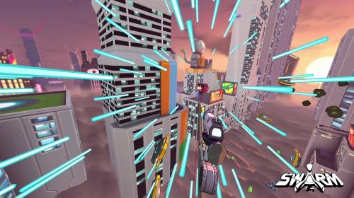 Screenshot of gameplay from SWARM, a VR "arcade shooter." The screenshot is taken from the player's point of view, with the player's futuristic guns pointed forward.