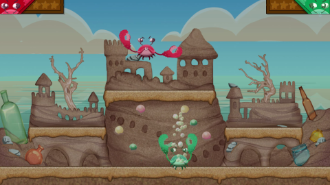 Still from claw breaker featuring cartoon crabs fighting on a sandcastle background