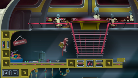 Still from Widget Satchel showing Sproket escaping from their cage at the begining of the game