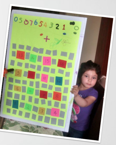 A photo of Osama's daughter posing in front of her board game "05Q7654321 0"