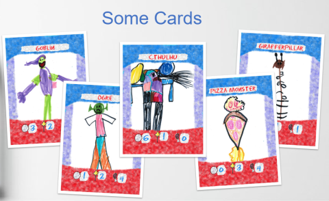 A set of 5 game cards, depicting creatures illustrated by Osama's children.
