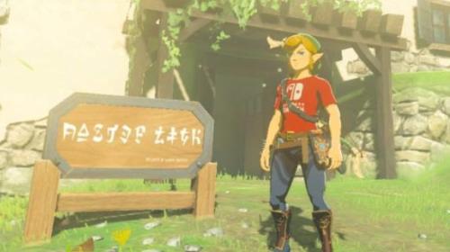 Link standing next to a sign in Hylian