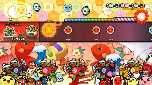 A screenshot of Taiko No Tatsujin with many colorful characters chearing you on