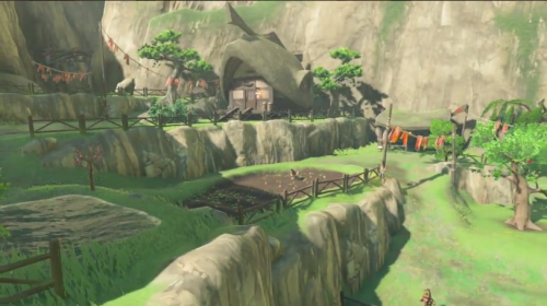 An overlook of Kakariko Village from The Legend of Zelda: Breath of the Wild.