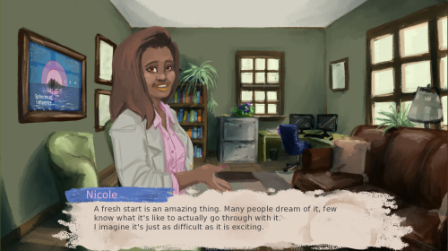 A screenshot from the game Call Me Cera, depicting a living room scene with a person talking to the player.