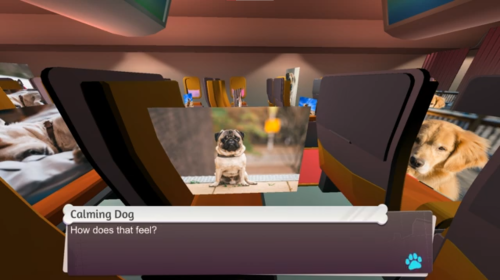 A screenshot from "An Airport for Aliens Currently Run By Dogs" showing a dialog box from a dog named "calming dog" which reads "How does that feel?"
