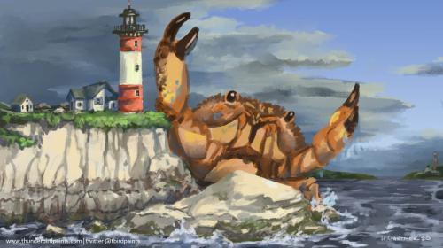A monstrous crab next to a rustic lighthouse.