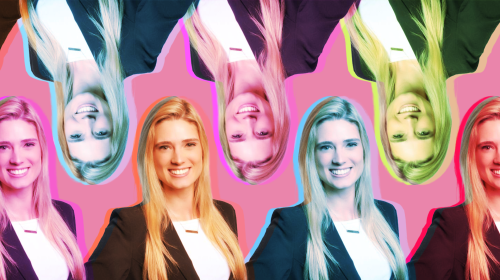 A colorful photo collage featuring multiple instances of a portrait of Tiffany Otto.