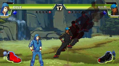 Screenshot from the fighting game Divekick, showing two characters facing off in combat.