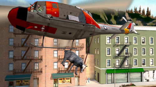 A goat dangles from a Navy helicopter in Goat Simulator, a game published by Coffee Stain.