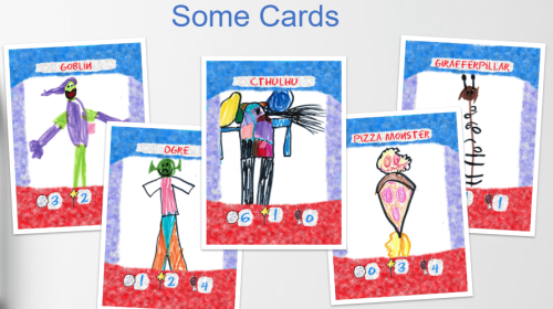 A set of 5 game cards, depicting creatures illustrated by Osama's children.