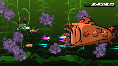 A screenshot of Fingeance, depicting four players taking on the Devastator Sub.