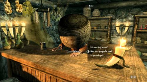 A screenshot from Skyrim, showing a bucket placed over the head of an NPC merchant.