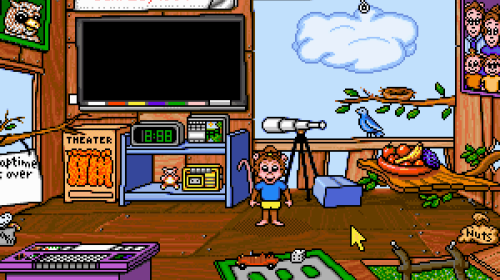 Screenshot from The Treehouse, showing a character in a treehouse surrounded by trinkets.