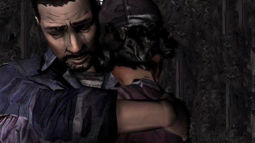 Lee and Clementine hugging, two characters from "The Walking Dead" by Telltale Games.