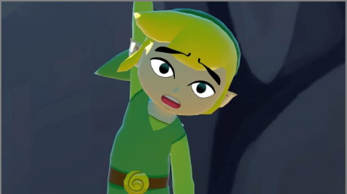 Link, the player character from Nintendo's "Legend of Zelda" game series, dangles from a tall height in a screenshot taken from The Legend of Zelda: Wind Waker.