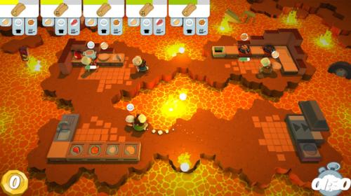 A screenshot from "Overcooked," a multiplayer cooperative game. The image shows a cartoon kitchen with multiple prep areas, and some zones that are on fire.