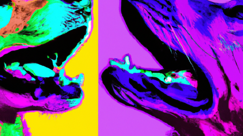 Colorful pop art of two happy dogs facing one another.