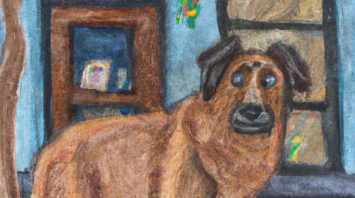 An AI-generated image of a dog, in the style of a children's book illustration.