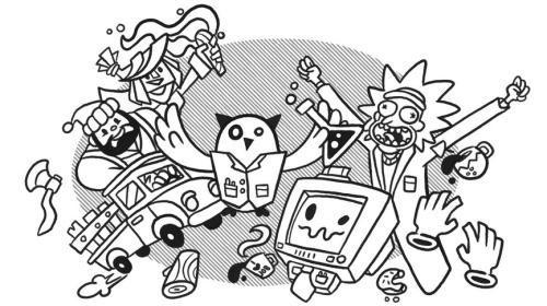Black and White Drawing of Owl in labcoat surrounded by VR characters
