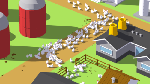 A screenshot from the mobile idle game "Egg, Inc" showing hundreds of chickens running around the grounds of a high-tech farm.