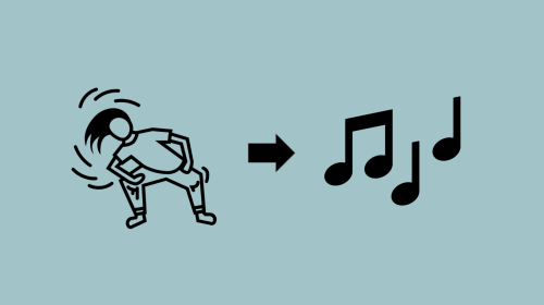 Clip art of (left ot right): a graphic of a human figure handbanging, an arrow pointing right, musical notes.