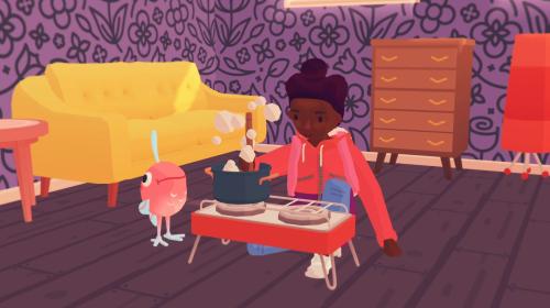 A screenshot from the game "Ooblets," showing a character cooking on a portable stovetop in the middle of a cozy living space.