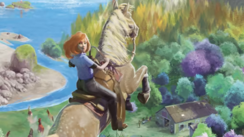 Key art for "Horse Tales - Emerald Valley Ranch," depicting a woman atop a rearing horse, overlooking a verdant estuary.