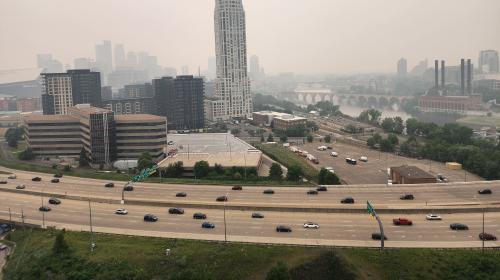 Minneapolis skyline with wildfire haze