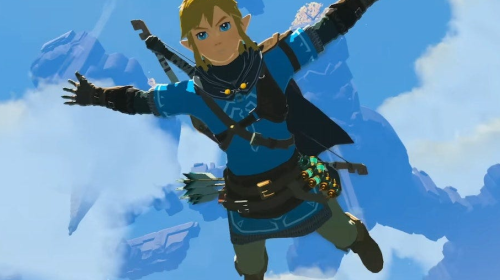 Link, the protagonist from Tears of the Kingdom, falls through the sky with his arms and legs outstretched.