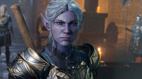 Screenshot from Baldur's Gate 3, showing a drow elf with an angry expression.