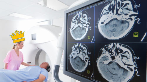 MRI of the brain with nurse wearing a cartoon crown