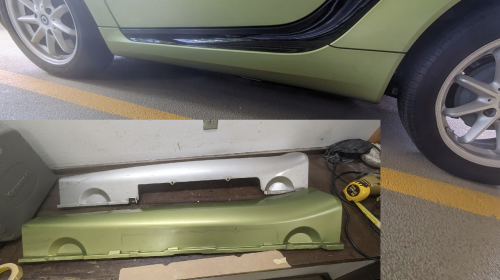 A photo of a "skirt panel" installed on a Smart fortwo electric car, with an inset photo showing two of that panel on a worktable, one with a cutout, and one without.