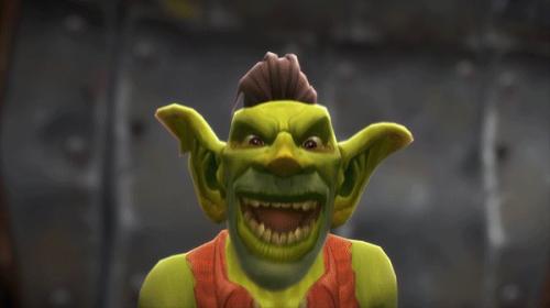 Portrait image of a silly, smiling goblin from the MMORPG World of Warcraft. These characters are known for saying the phrase "Time is money, friend!"