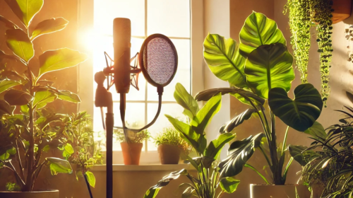 sunlight streaming in a window onto houseplants and a microphone