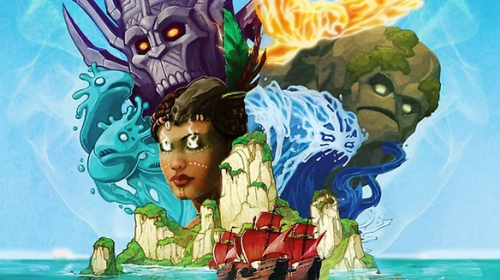 Box art of the tabletop game Spirit Island, depicting six natural spirits protecting a small island from an incoming fleet of sailing ships.