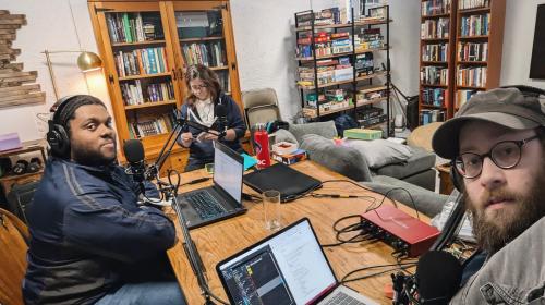 Stephen, Mark, and Ellen take a happy selfie while recording an episode from the basement in Ellen's house.