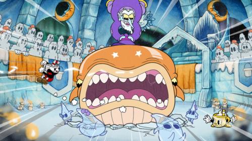 Screenshot from the "Snow Cult Scuffle" boss fight in Cuphead: The Delicious Last Course DLC. In this boss fight, one of the enemies attacks the player by swinging a giant orange whale like a club.