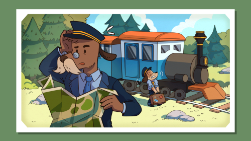 An image from the game Railbound, showing the two main characters working on a stalled train engine.