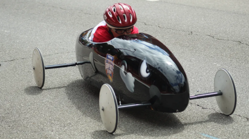 Soapbox derby car painted like Bullet Bill